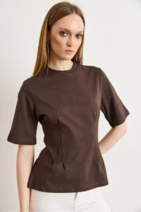 Olalook Women's Brown Crew Neck Cotton Peplum T-Shirt - Image 3