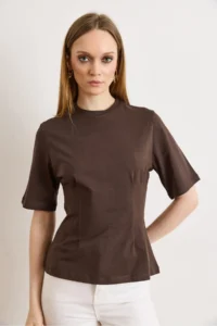 Olalook Women's Brown Crew Neck Cotton Peplum T-Shirt - Image 4