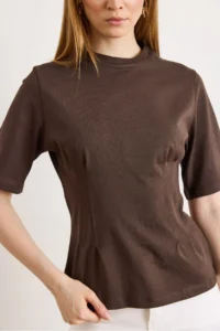 Olalook Women's Brown Crew Neck Cotton Peplum T-Shirt - Image 5