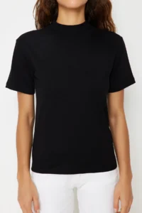 TRENDYOLMİLLA Black 100% Cotton Basic Regular/Normal Pattern Dog collar Knitting T-Shirt - Image 3