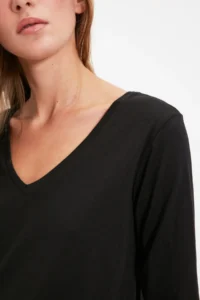 TRENDYOLMİLLA Black 100% Cotton Regular/Normal Pattern Basic V-neck Long Sleeve Knitting T-Shirt - Image 4