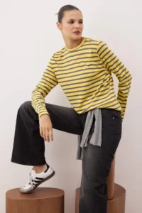 TRENDYOLMİLLA Light Yellow-Anthracite Striped Regular/Normal Pattern Basic Crew Neck Knitting T-Shirt