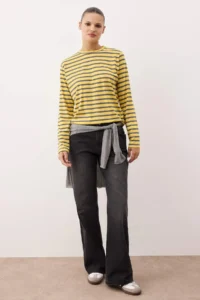 TRENDYOLMİLLA Light Yellow-Anthracite Striped Regular/Normal Pattern Basic Crew Neck Knitting T-Shirt - Image 2
