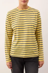 TRENDYOLMİLLA Light Yellow-Anthracite Striped Regular/Normal Pattern Basic Crew Neck Knitting T-Shirt - Image 3