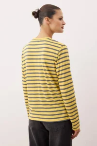 TRENDYOLMİLLA Light Yellow-Anthracite Striped Regular/Normal Pattern Basic Crew Neck Knitting T-Shirt - Image 4