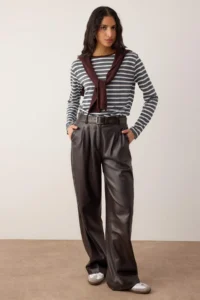 TRENDYOLMİLLA Anthracite-Ecru Striped relaxed Pattern Crew Neck Colorful Ribbed Knitting T-Shirt