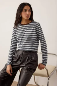 TRENDYOLMİLLA Anthracite-Ecru Striped relaxed Pattern Crew Neck Colorful Ribbed Knitting T-Shirt - Image 2
