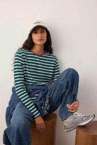 TRENDYOLMİLLA Emerald Green-Ecru Striped relaxed Pattern Crew Neck Colorful Ribbed Knitting T-Shirt