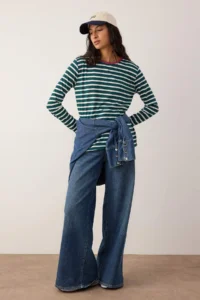 TRENDYOLMİLLA Emerald Green-Ecru Striped relaxed Pattern Crew Neck Colorful Ribbed Knitting T-Shirt - Image 2