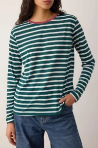 TRENDYOLMİLLA Emerald Green-Ecru Striped relaxed Pattern Crew Neck Colorful Ribbed Knitting T-Shirt - Image 3