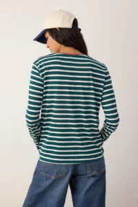 TRENDYOLMİLLA Emerald Green-Ecru Striped relaxed Pattern Crew Neck Colorful Ribbed Knitting T-Shirt - Image 4