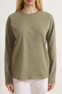 TRENDYOLMİLLA Khaki Thick Cotton Aged Effect Relaxed Pattern Crew Neck Long Sleeve Knitting T-Shirt - Image 3