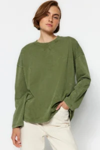 TRENDYOLMİLLA Khaki Thick Cotton Aged Effect Relaxed Pattern Crew Neck Long Sleeve Knitting T-Shirt - Image 5