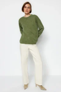 TRENDYOLMİLLA Khaki Thick Cotton Aged Effect Relaxed Pattern Crew Neck Long Sleeve Knitting T-Shirt - Image 6