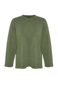 TRENDYOLMİLLA Khaki Thick Cotton Aged Effect Relaxed Pattern Crew Neck Long Sleeve Knitting T-Shirt - Image 9
