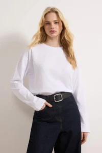 TRENDYOLMİLLA White 100% Thick Cotton Basic Crew Neck Oversized/Wide Pattern Knitting T-Shirt - Image 2