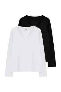 TRENDYOLMİLLA Black-White 2 Sets Package 100% Cotton V-neck Regular/Normal Cut Knitting T-Shirt - Image 15