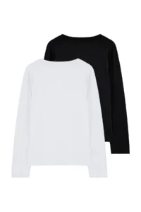 TRENDYOLMİLLA Black-White 2 Sets Package 100% Cotton V-neck Regular/Normal Cut Knitting T-Shirt - Image 16