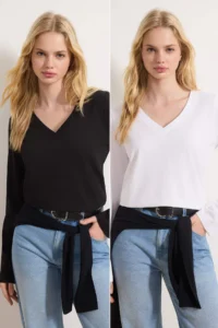 TRENDYOLMİLLA Black-White 2 Sets Package 100% Cotton V-neck Regular/Normal Cut Knitting T-Shirt - Image 2