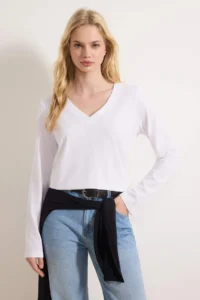 TRENDYOLMİLLA Black-White 2 Sets Package 100% Cotton V-neck Regular/Normal Cut Knitting T-Shirt - Image 6