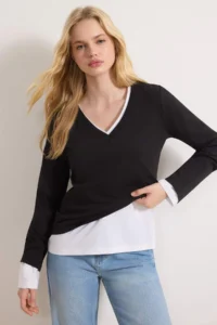 TRENDYOLMİLLA Black-White 2 Sets Package 100% Cotton V-neck Regular/Normal Cut Knitting T-Shirt - Image 9