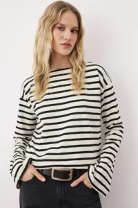 TRENDYOLMİLLA Ecru Thick Cotton Striped Regular/Normal Pattern KnittedT-Shirt