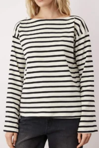 TRENDYOLMİLLA Ecru Thick Cotton Striped Regular/Normal Pattern KnittedT-Shirt - Image 3