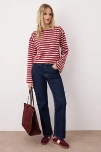 TRENDYOLMİLLA Burgundy Thick Cotton Striped Regular/Normal Pattern KnittedT-Shirt - Image 2