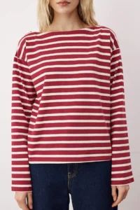 TRENDYOLMİLLA Burgundy Thick Cotton Striped Regular/Normal Pattern KnittedT-Shirt - Image 3