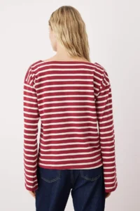 TRENDYOLMİLLA Burgundy Thick Cotton Striped Regular/Normal Pattern KnittedT-Shirt - Image 4