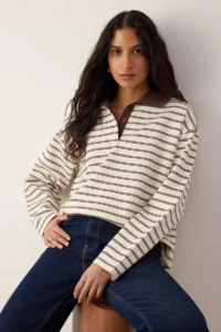 TRENDYOLMİLLA Brown Striped More Sustainable Weaving Collared Oversized Knitting T-Shirt/Sweatshirt