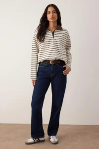 TRENDYOLMİLLA Brown Striped More Sustainable Weaving Collared Oversized Knitting T-Shirt/Sweatshirt - Image 2