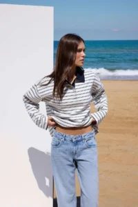 TRENDYOLMİLLA Ecru Striped Weaving Collar Detailed Placket Oversized Flexible Knitting T-Shirt/Sweatshirt - Image 2