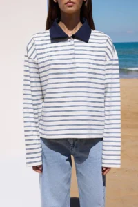 TRENDYOLMİLLA Ecru Striped Weaving Collar Detailed Placket Oversized Flexible Knitting T-Shirt/Sweatshirt - Image 3