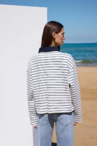 TRENDYOLMİLLA Ecru Striped Weaving Collar Detailed Placket Oversized Flexible Knitting T-Shirt/Sweatshirt - Image 4