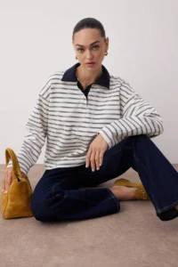 TRENDYOLMİLLA Ecru Striped Weaving Collar Detailed Placket Oversized Flexible Knitting T-Shirt/Sweatshirt - Image 5