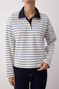 TRENDYOLMİLLA Ecru Striped Weaving Collar Detailed Placket Oversized Flexible Knitting T-Shirt/Sweatshirt - Image 7