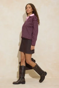 TRENDYOLMİLLA Multicolored Pink Striped More Sustainable Weaving Collared Knitting T-Shirt/Sweatshirt