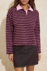 TRENDYOLMİLLA Multicolored Pink Striped More Sustainable Weaving Collared Knitting T-Shirt/Sweatshirt - Image 3