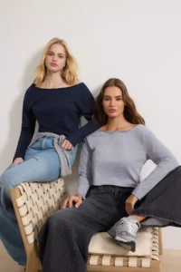 TRENDYOLMİLLA Teen Navy Blue-Gray Melange 100% Cotton Open Shoulder Collar Relaxed Cut Knitting T-Shirt