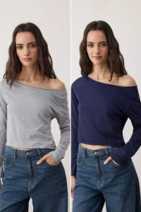 TRENDYOLMİLLA Teen Navy Blue-Gray Melange 100% Cotton Open Shoulder Collar Relaxed Cut Knitting T-Shirt - Image 10