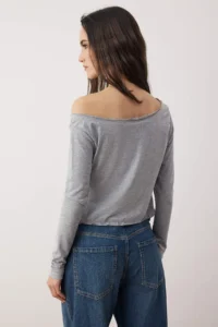 TRENDYOLMİLLA Teen Navy Blue-Gray Melange 100% Cotton Open Shoulder Collar Relaxed Cut Knitting T-Shirt - Image 13