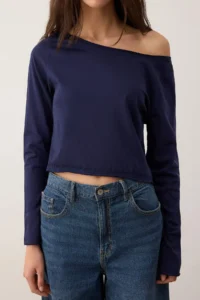 TRENDYOLMİLLA Teen Navy Blue-Gray Melange 100% Cotton Open Shoulder Collar Relaxed Cut Knitting T-Shirt - Image 15