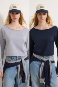 TRENDYOLMİLLA Teen Navy Blue-Gray Melange 100% Cotton Open Shoulder Collar Relaxed Cut Knitting T-Shirt - Image 2