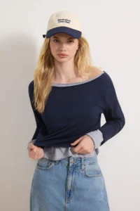 TRENDYOLMİLLA Teen Navy Blue-Gray Melange 100% Cotton Open Shoulder Collar Relaxed Cut Knitting T-Shirt - Image 3