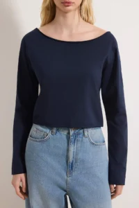 TRENDYOLMİLLA Teen Navy Blue-Gray Melange 100% Cotton Open Shoulder Collar Relaxed Cut Knitting T-Shirt - Image 5