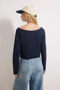 TRENDYOLMİLLA Teen Navy Blue-Gray Melange 100% Cotton Open Shoulder Collar Relaxed Cut Knitting T-Shirt - Image 6