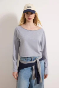 TRENDYOLMİLLA Teen Navy Blue-Gray Melange 100% Cotton Open Shoulder Collar Relaxed Cut Knitting T-Shirt - Image 7