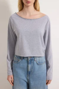 TRENDYOLMİLLA Teen Navy Blue-Gray Melange 100% Cotton Open Shoulder Collar Relaxed Cut Knitting T-Shirt - Image 8