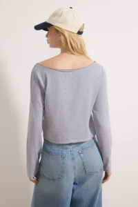 TRENDYOLMİLLA Teen Navy Blue-Gray Melange 100% Cotton Open Shoulder Collar Relaxed Cut Knitting T-Shirt - Image 9